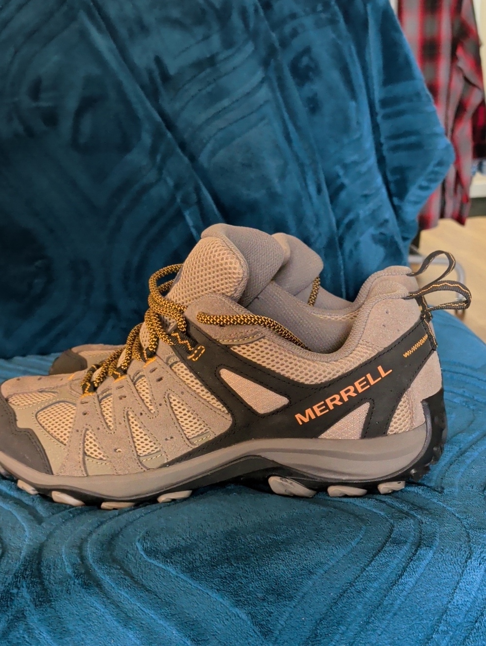 Merrell Men's Gray and Brown Trail Boots with Orange Logo Like New